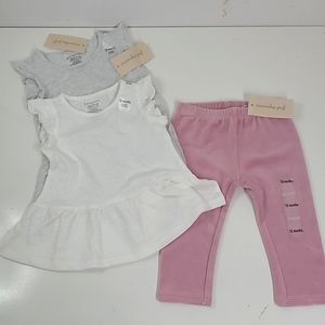 NEW! First Impressions Baby Girl Bundle Pink Suede Pants Two Ruffle Tops 12M